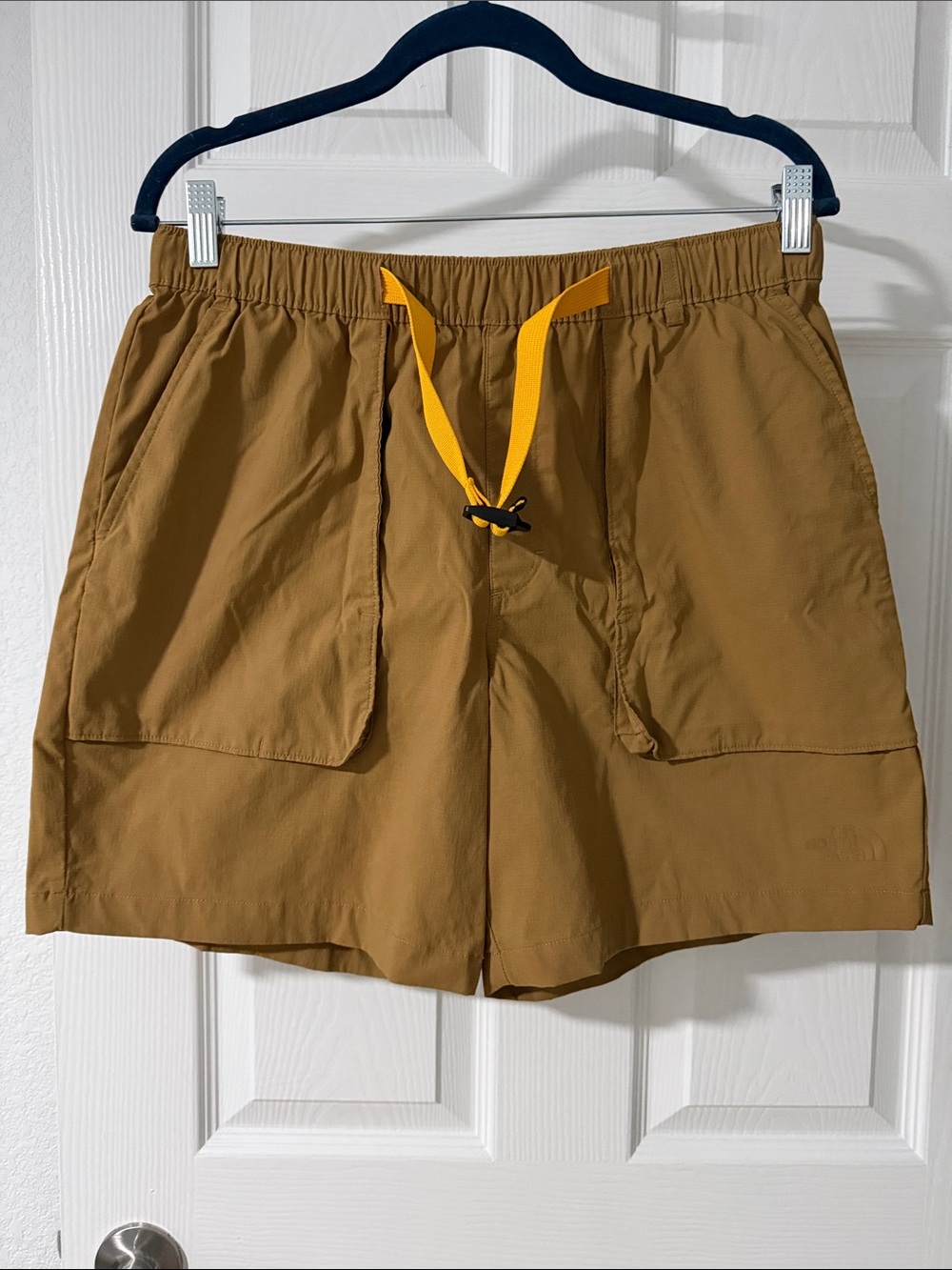 The North Face Men's Brown Athletic Shorts with Yellow Drawstring